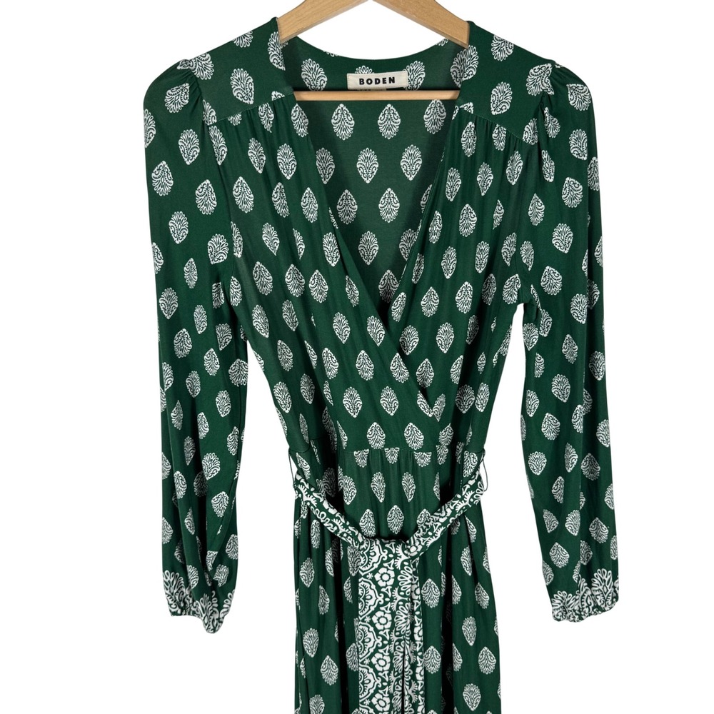 Boden Ophelia Wrap Dress Womens 8 Green  Block Print Jersey Maxi Long Sleeve - Picture 4 of 9